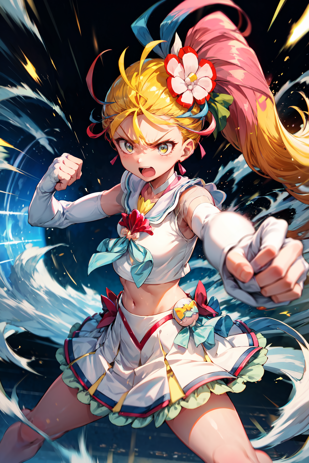 00876-2759812143-masterpiece,best quality,1girl,cure summer,(multicolored hair),ponytail,(very long hair),ahoge,crop top,elbow gloves,plaid skirt.png